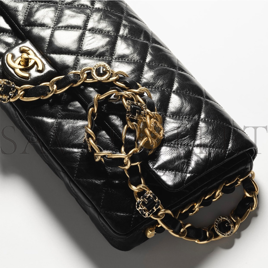 CHANEL MASTER MAXI CLUTCH SHINY LAMBSKIN GOLD TONE METALLIC BLACK AS5006 (38*18*4cm)